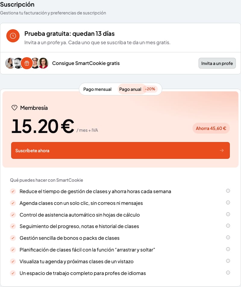Página Suscripción con los días que quedan de prueba gratis y la tarjeta Membresía con el precio y el botón Suscríbete ahora