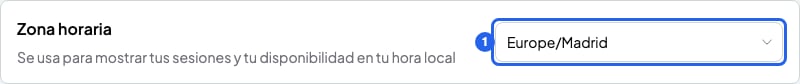 Tarjeta Zona horaria con el cuadro Europe/Madrid resaltado con el número 1