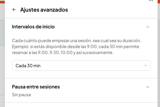 Panel Ajustes avanzados con Intervalos de inicio abierto en Cada 30 min y Pausa entre sesiones cerrado