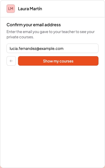 A teacher's booking page, with the Confirm your email address form and the Show my courses button