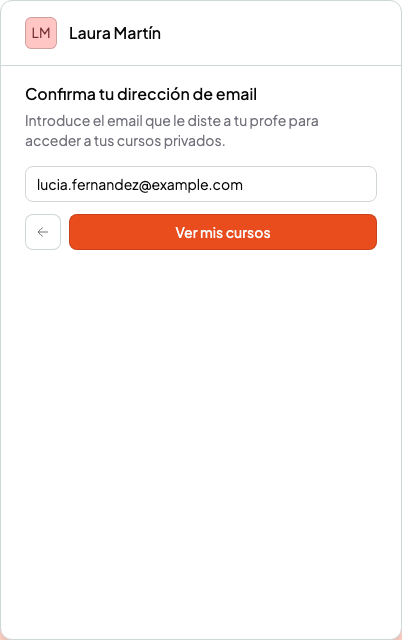 Página de reserva de una profe, con el formulario Confirma tu dirección de email y el botón Ver mis cursos