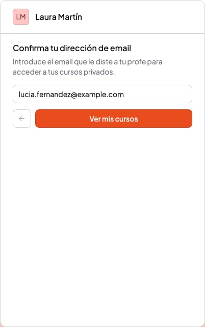 Página de reserva de una profe, con el formulario Confirma tu dirección de email y el botón Ver mis cursos
