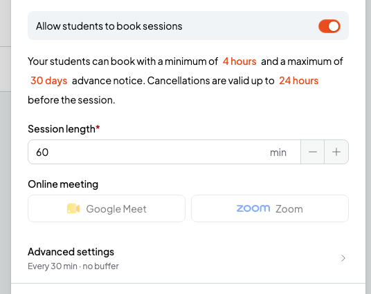 Online booking section with the rules sentence, Session length, Online meeting and Advanced settings