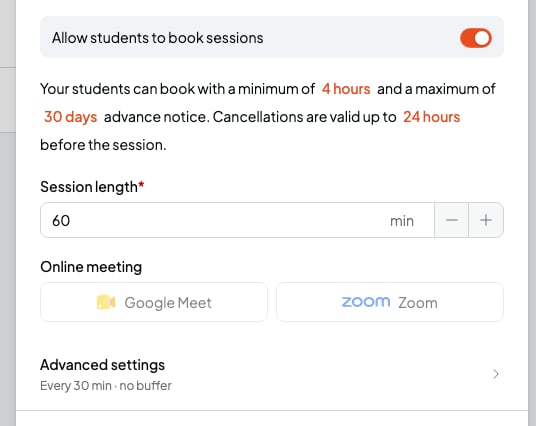 Online booking section with the rules sentence, Session length, Online meeting and Advanced settings