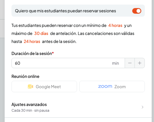 Sección Reservas online con la frase de las reglas, Duración de la sesión, Reunión online y Ajustes avanzados