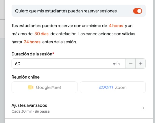 Sección Reservas online con la frase de las reglas, Duración de la sesión, Reunión online y Ajustes avanzados