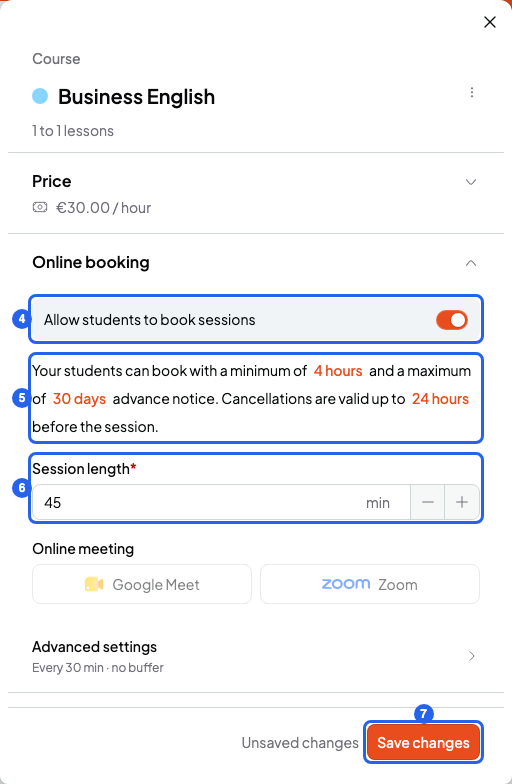 Edit course panel with the Online booking section open: booking switch, rules sentence, Session length and Save changes button, numbered 4 to 7
