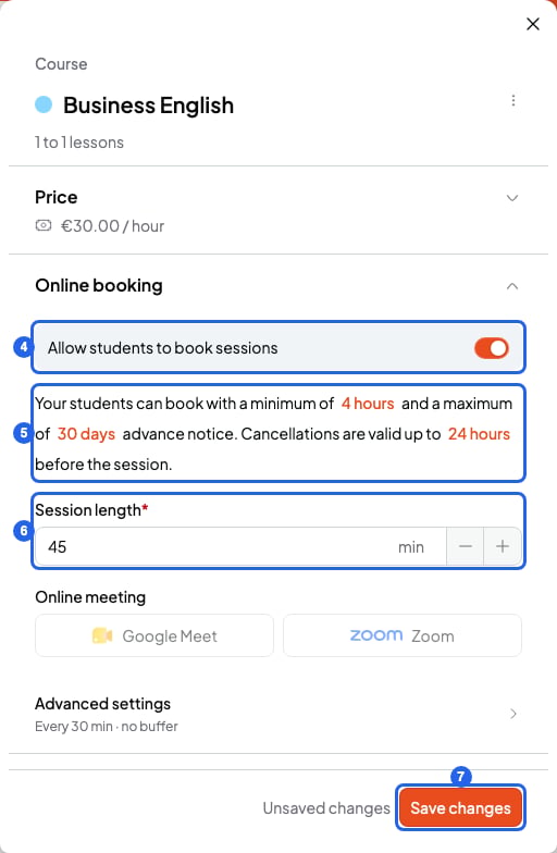 Edit course panel with the Online booking section open: booking switch, rules sentence, Session length and Save changes button, numbered 4 to 7