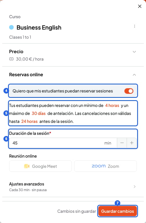 Panel Editar curso con la sección Reservas online abierta: interruptor de reservas, frase de reglas, Duración de la sesión y botón Guardar cambios, numerados del 4 al 7