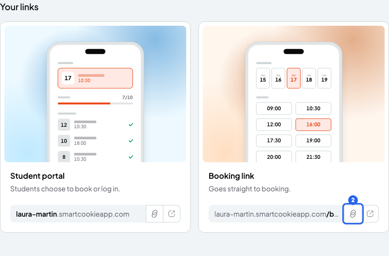Student portal and Booking link cards, with the booking link copy button highlighted with number 2