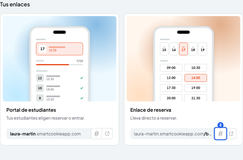 Tarjetas Portal de estudiantes y Enlace de reserva, con el botón de copiar del enlace de reserva resaltado con el número 2