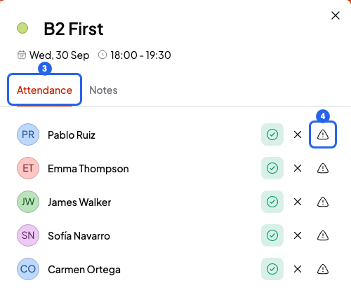 Session panel with the Attendance tab numbered 3 and a student's Absent with notice icon numbered 4