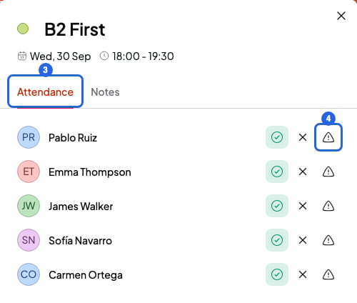 Session panel with the Attendance tab numbered 3 and a student's Absent with notice icon numbered 4