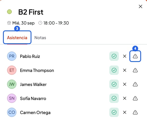 Panel de una sesión con la pestaña Asistencia numerada con el 3 y el icono Ausente con aviso de un estudiante numerado con el 4