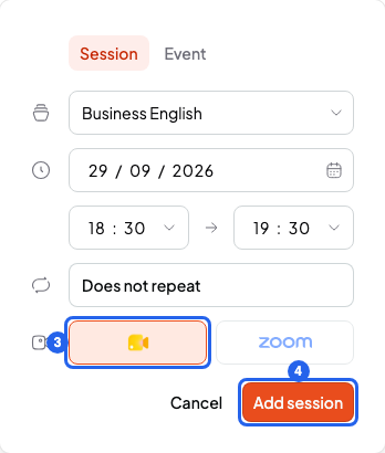 New session window with the Google Meet button marked and the Add session button, numbered 3 and 4
