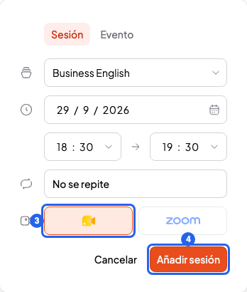 Ventana de sesión nueva con el botón Google Meet marcado y el botón Añadir sesión, numerados 3 y 4
