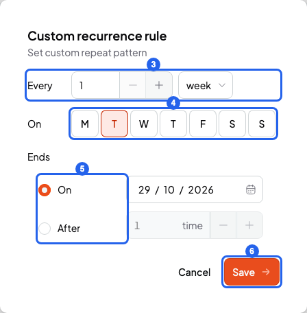 Custom recurrence rule window with the Every, On and Ends fields and the Save button, numbered 3 to 6