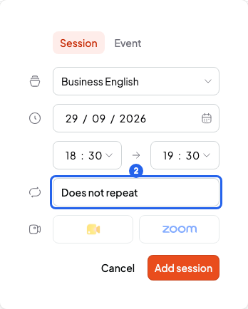 New session window with the Does not repeat button numbered 2