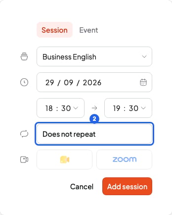 New session window with the Does not repeat button numbered 2
