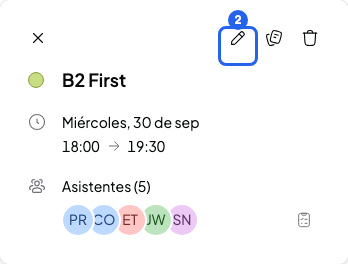 Ventana de una sesión del calendario con el lápiz Editar sesión numerado con el 2
