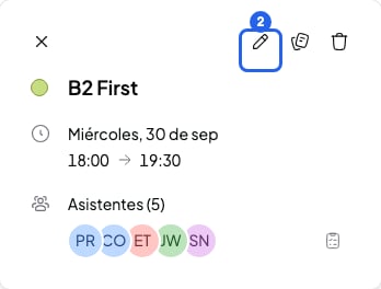 Ventana de una sesión del calendario con el lápiz Editar sesión numerado con el 2