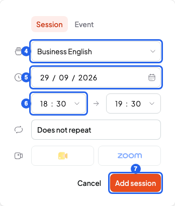 New session window with the course, the date, the time and the Add session button, numbered 4 to 7