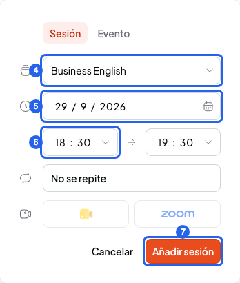 Ventana de sesión nueva con el curso, la fecha, la hora y el botón Añadir sesión, numerados del 4 al 7