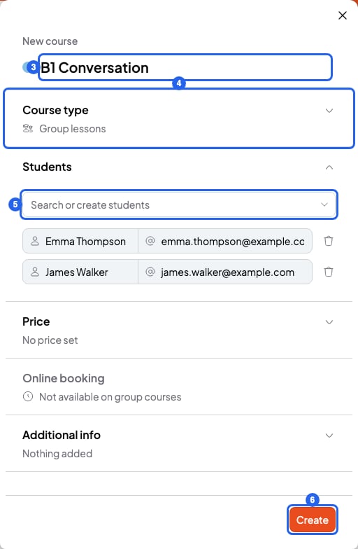 New course panel with the name, the Group lessons type, two students added and the Create button, numbered 3 to 6