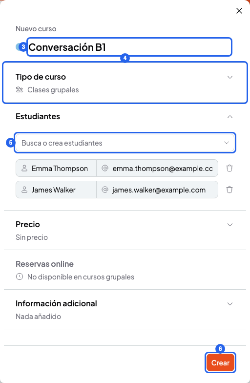 Panel Nuevo curso con el nombre, el tipo Clases grupales, dos estudiantes añadidos y el botón Crear, numerados del 3 al 6