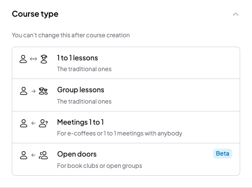 Course type section with the options 1 to 1 lessons, Group lessons, Meetings 1 to 1 and Open doors