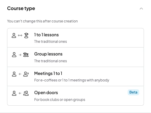 Course type section with the options 1 to 1 lessons, Group lessons, Meetings 1 to 1 and Open doors