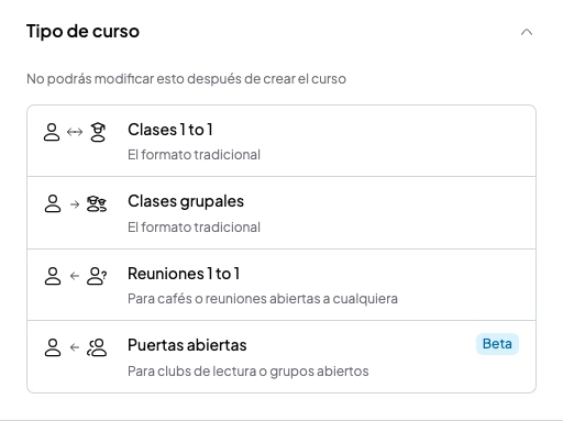 Sección Tipo de curso con las opciones Clases 1 to 1, Clases grupales, Reuniones 1 to 1 y Puertas abiertas
