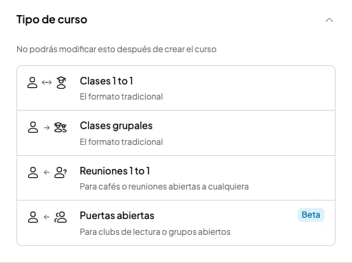 Sección Tipo de curso con las opciones Clases 1 to 1, Clases grupales, Reuniones 1 to 1 y Puertas abiertas