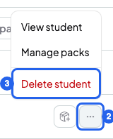 A course student's menu open, with the three-dot button numbered 2 and Delete student numbered 3