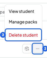 A course student's menu open, with the three-dot button numbered 2 and Delete student numbered 3