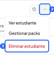 Menú de un estudiante del curso abierto, con el botón de tres puntos numerado con el 2 y Eliminar estudiante numerado con el 3