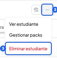 Menú de un estudiante del curso abierto, con el botón de tres puntos numerado con el 2 y Eliminar estudiante numerado con el 3