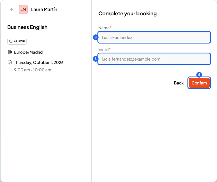 Complete your booking form with the Name and Email fields and the Confirm button, numbered 8 and 9