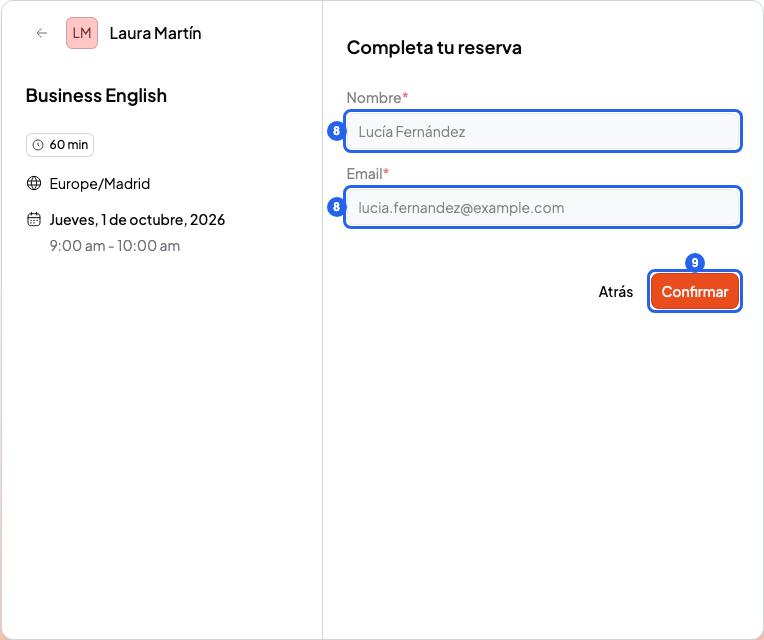 Formulario Completa tu reserva con los campos Nombre y Email y el botón Confirmar, numerados 8 y 9