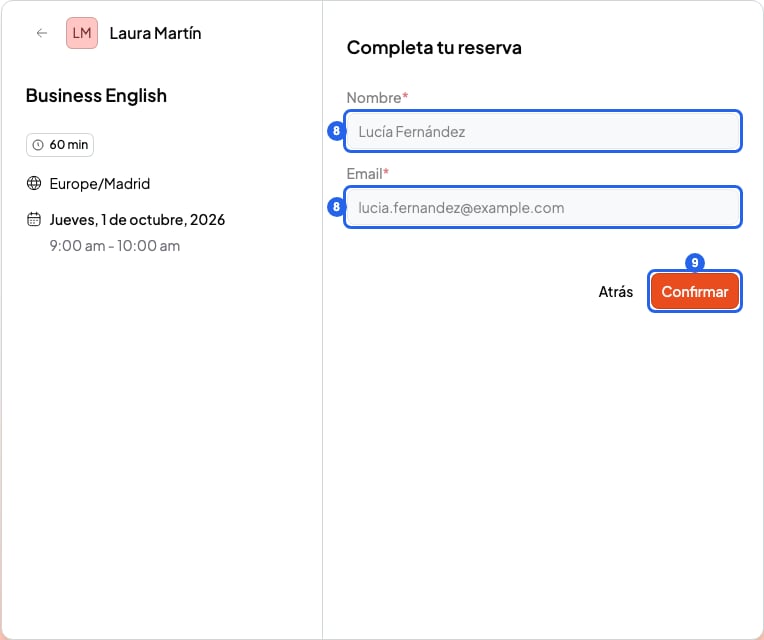 Formulario Completa tu reserva con los campos Nombre y Email y el botón Confirmar, numerados 8 y 9