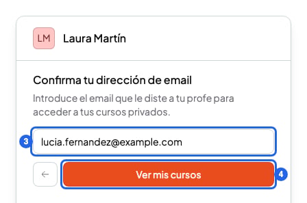 Formulario Confirma tu dirección de email con el campo de email y el botón Ver mis cursos, numerados 3 y 4