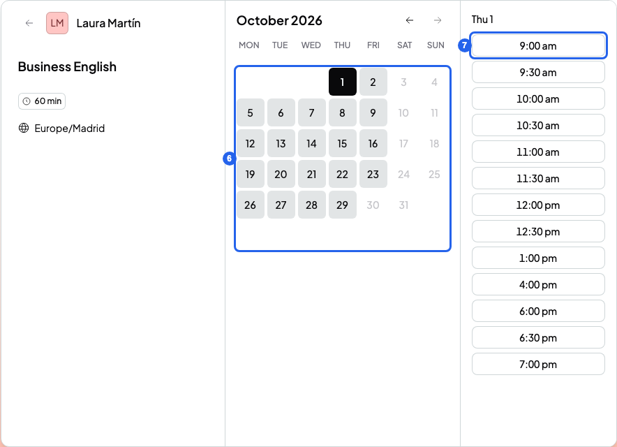 Booking page with the chosen course, a day in the calendar numbered 6 and a time numbered 7