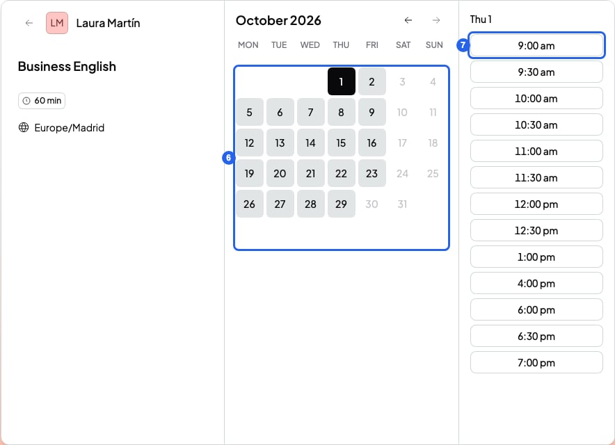Booking page with the chosen course, a day in the calendar numbered 6 and a time numbered 7