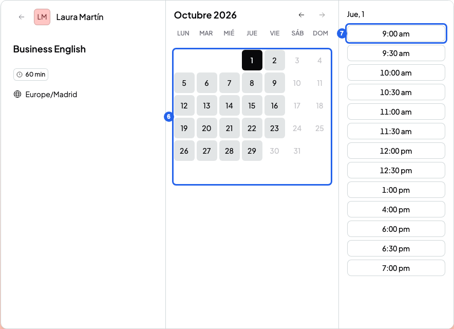 Página de reserva con el curso elegido, un día marcado con el número 6 en el calendario y una hora marcada con el número 7