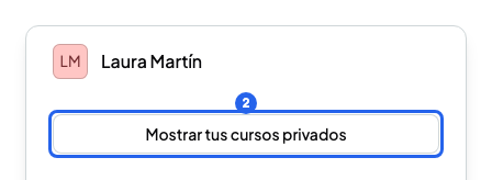 Página de reserva de una profe con el botón Mostrar tus cursos privados numerado con el 2