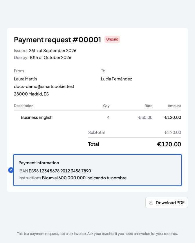 Unpaid payment request with its items, the total and the Payment information box numbered 2