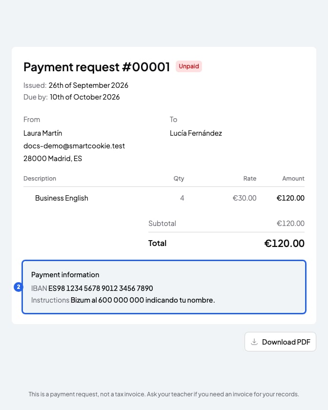 Unpaid payment request with its items, the total and the Payment information box numbered 2