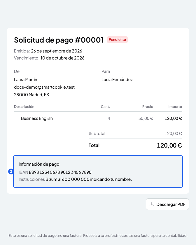 Solicitud de pago pendiente con los conceptos, el total y el recuadro Información de pago marcado con el número 2