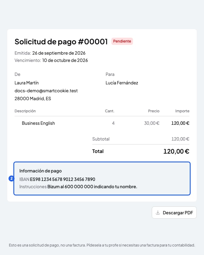 Solicitud de pago pendiente con los conceptos, el total y el recuadro Información de pago marcado con el número 2