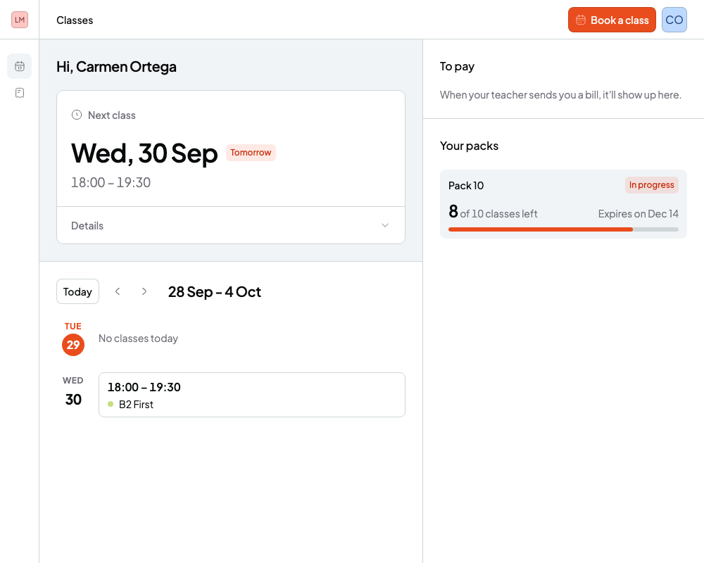 Student portal with the next class, the week's sessions, bills to pay and a session pack with the sessions left